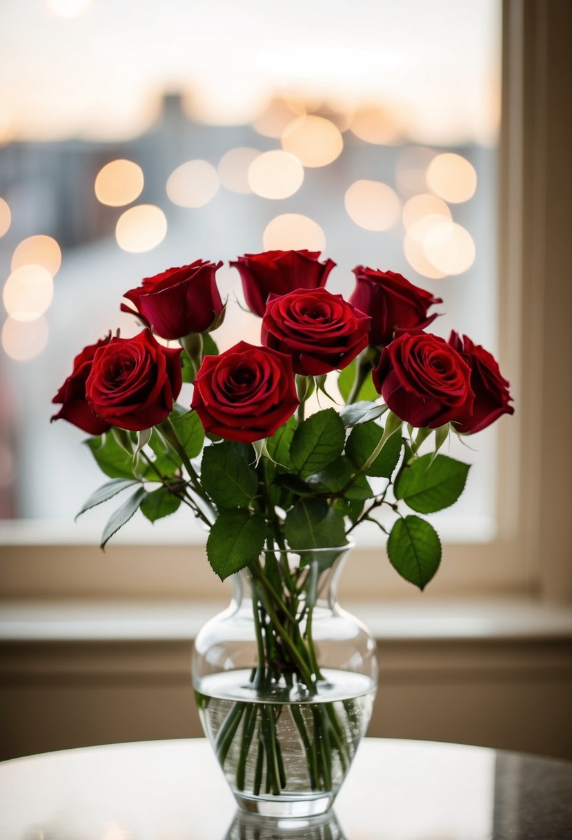 A simple, elegant arrangement of red roses in a clear glass vase