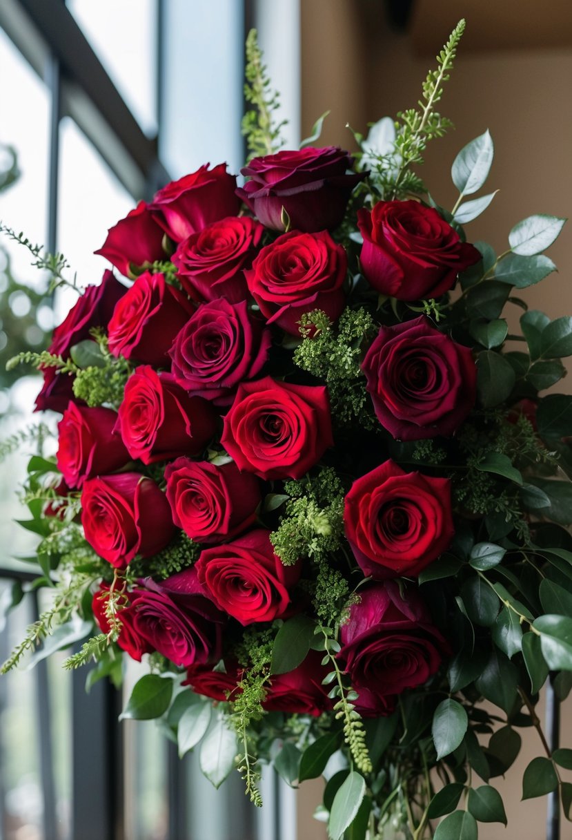 A lush bouquet of red and burgundy roses, arranged in a cascading style with greenery accents