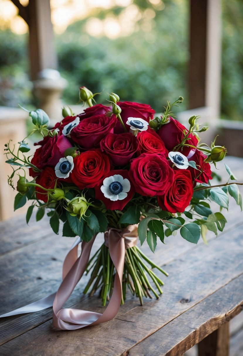 A lush bouquet of wild red roses and anemones, tied with flowing ribbons, sits on a rustic wooden table