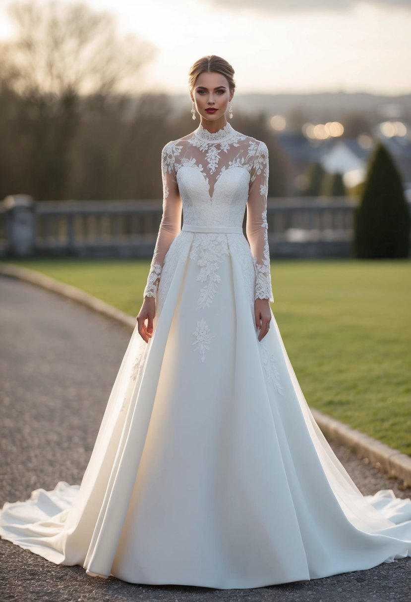 A lace-trimmed, A-line wedding dress with a high neckline and long sleeves, adorned with delicate floral appliques and a sweeping train