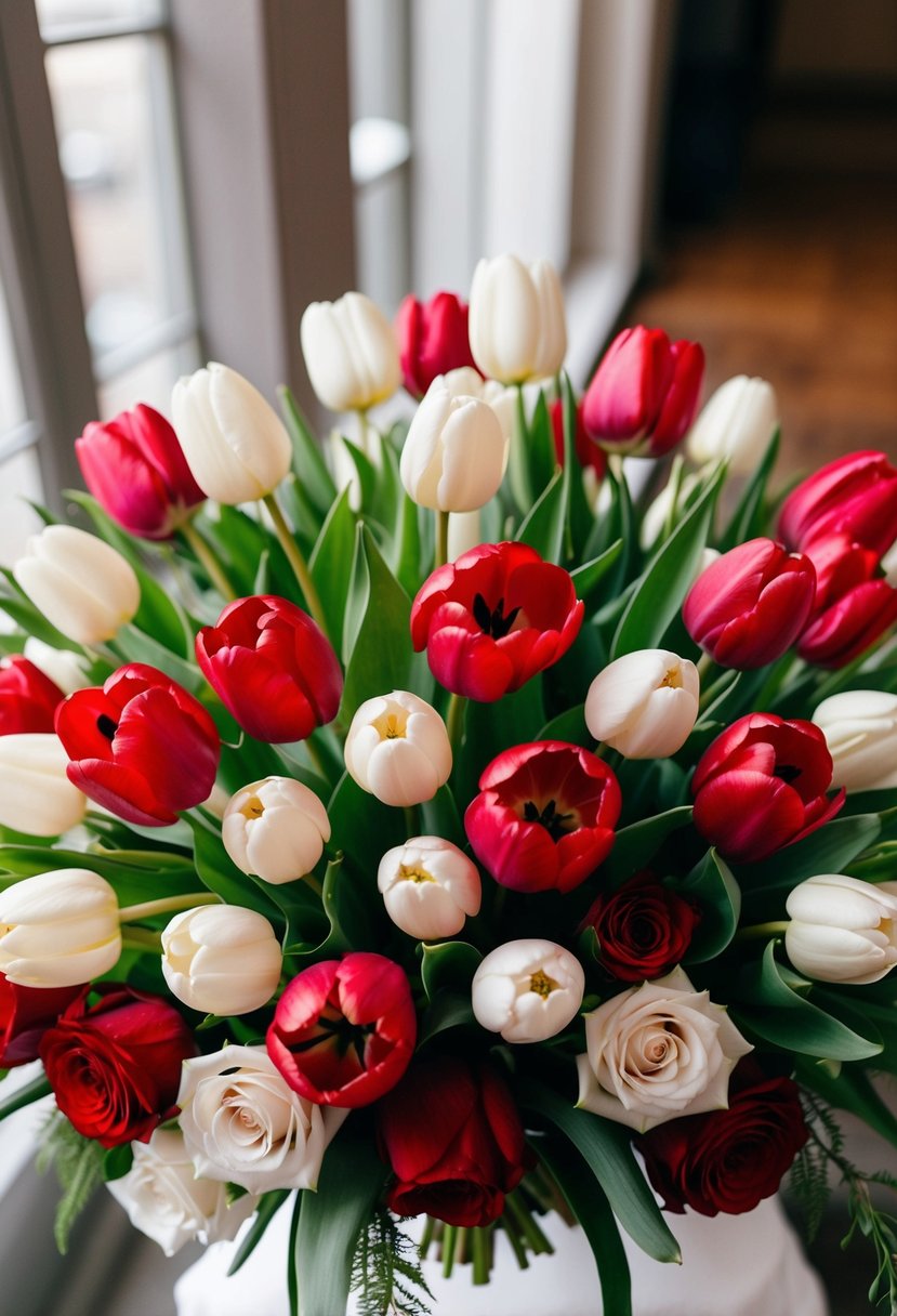 A lush bouquet of red and white tulips and roses, arranged in a romantic wedding theme