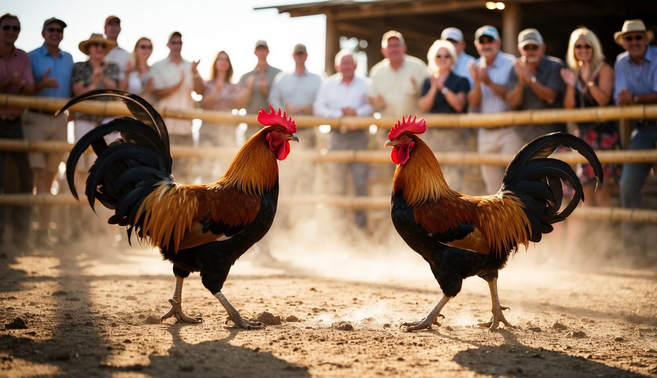 Dua ayam jantan saling berhadapan di arena yang dikelilingi pagar bambu, dikelilingi oleh penonton yang bersorak. Matahari pagi melemparkan bayangan panjang di atas tanah berdebu.