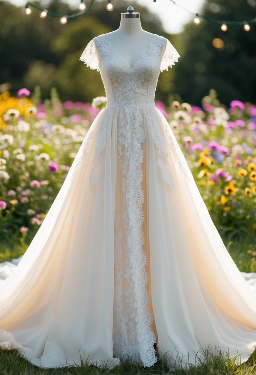 A flowing 60s vintage wedding dress adorned with whimsical lace accents, set against a backdrop of blooming wildflowers and twinkling fairy lights