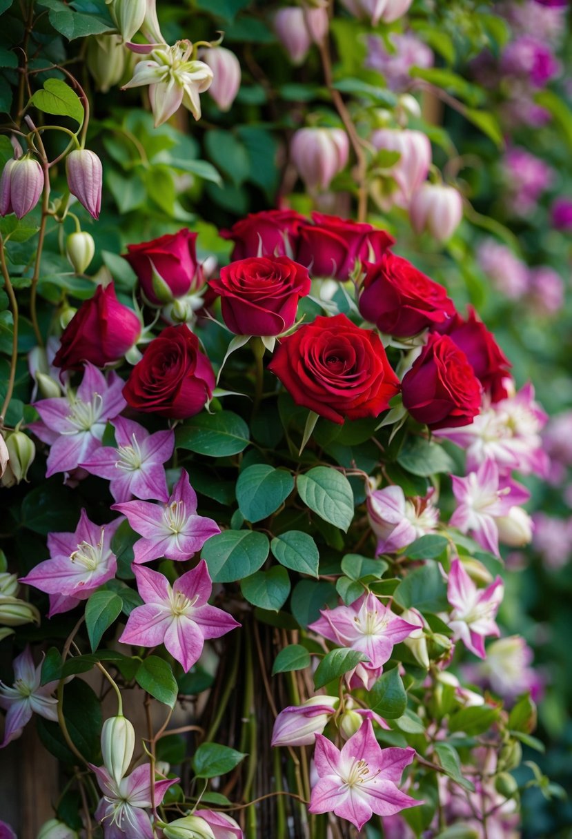 A lush bouquet of red roses intertwined with delicate clematis blooms