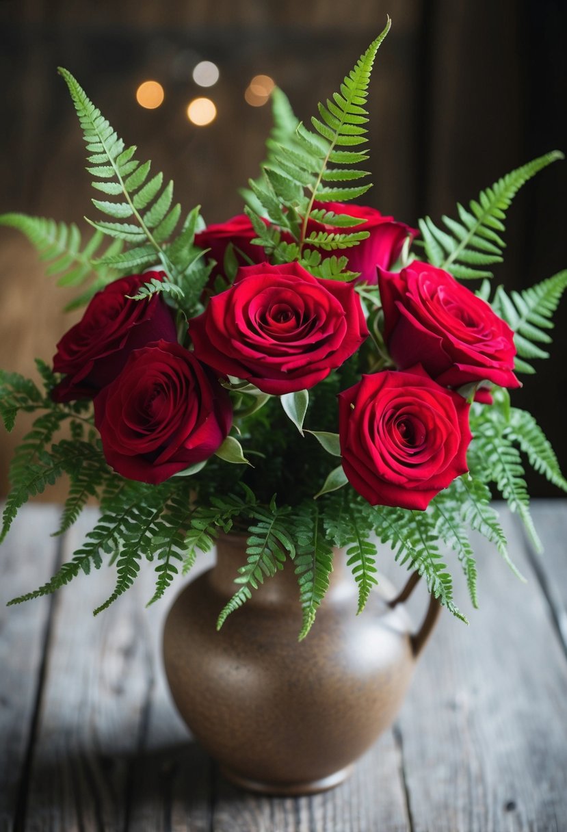 A vintage red rose bouquet with delicate ferns, arranged in a rustic vase