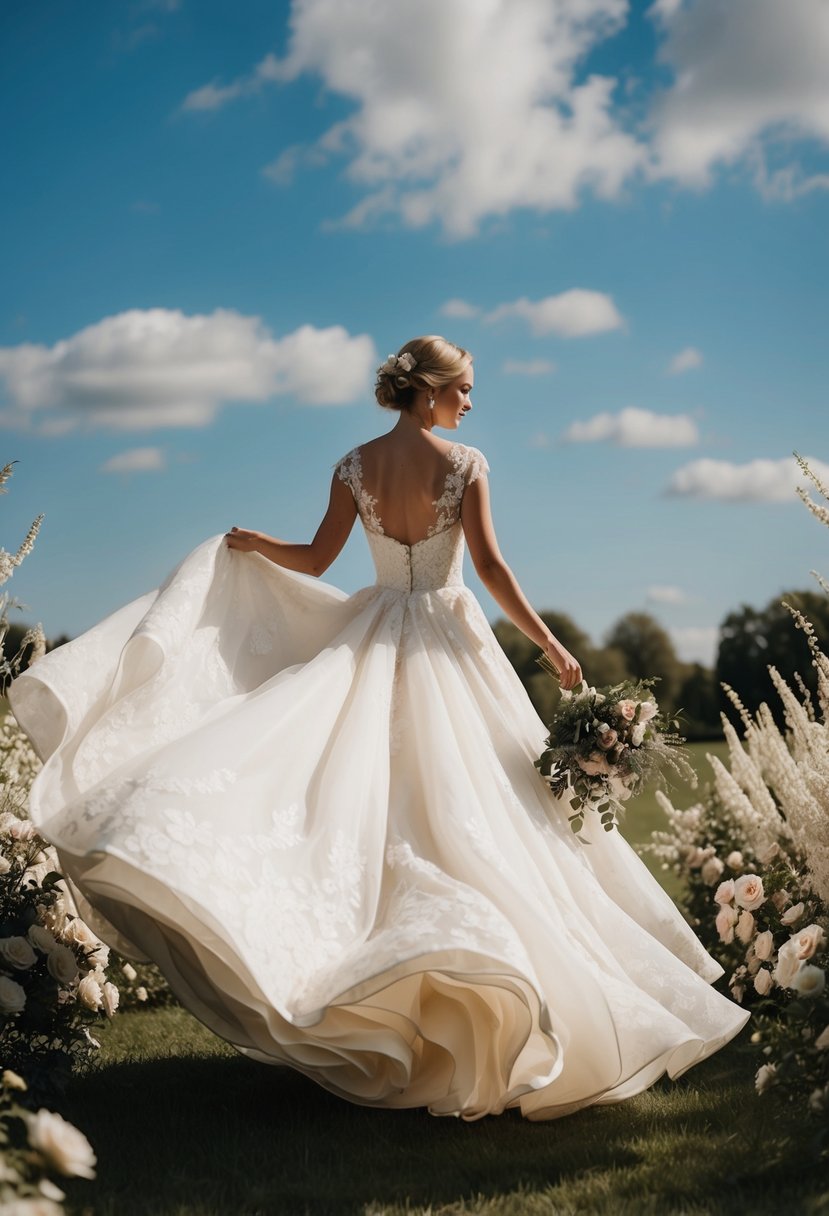 A flowing 60s vintage wedding dress billowing in the breeze, surrounded by delicate lace and floral accents