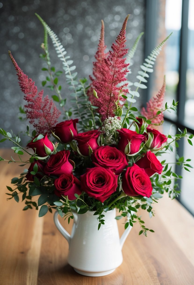 A lush bouquet of modern red roses and astilbe, with delicate greenery, arranged in a white ceramic vase