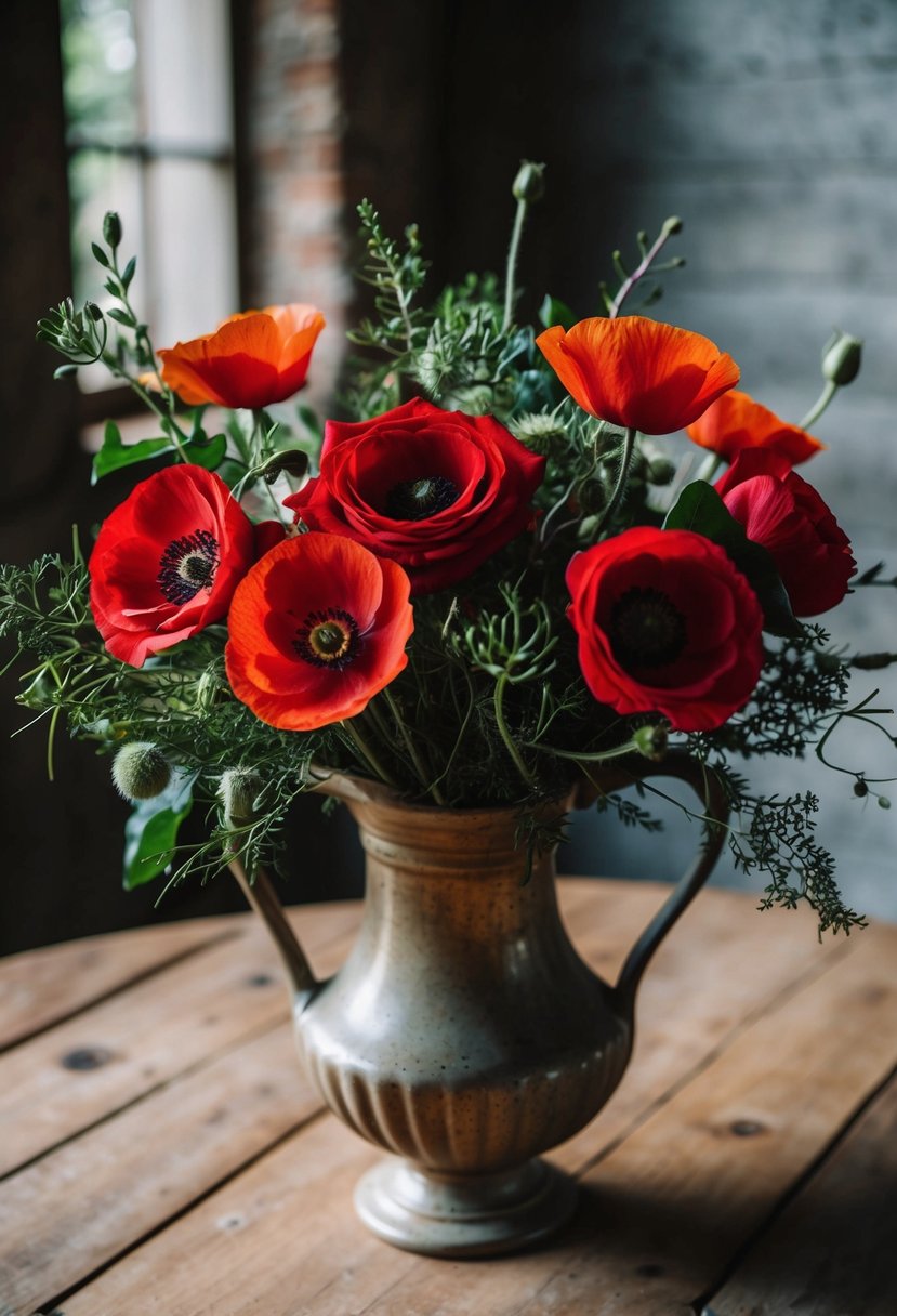 A rustic bouquet of red roses and poppies, intertwined with greenery, sits in a vintage vase on a wooden table