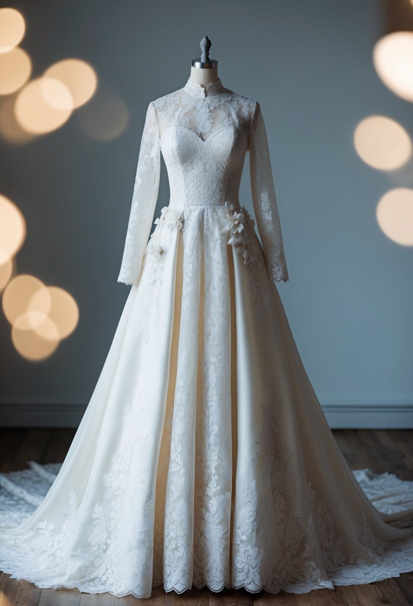 An elegant lace wedding dress with a high neckline, long sleeves, and a flowing A-line skirt. Delicate floral appliques and a small train complete the vintage-inspired look