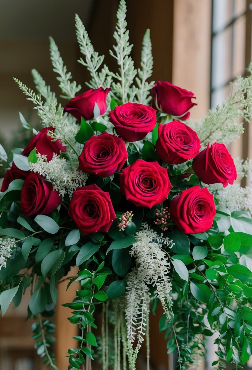 A lush bouquet of red roses and elegant smilax, arranged in a cascading style with delicate greenery