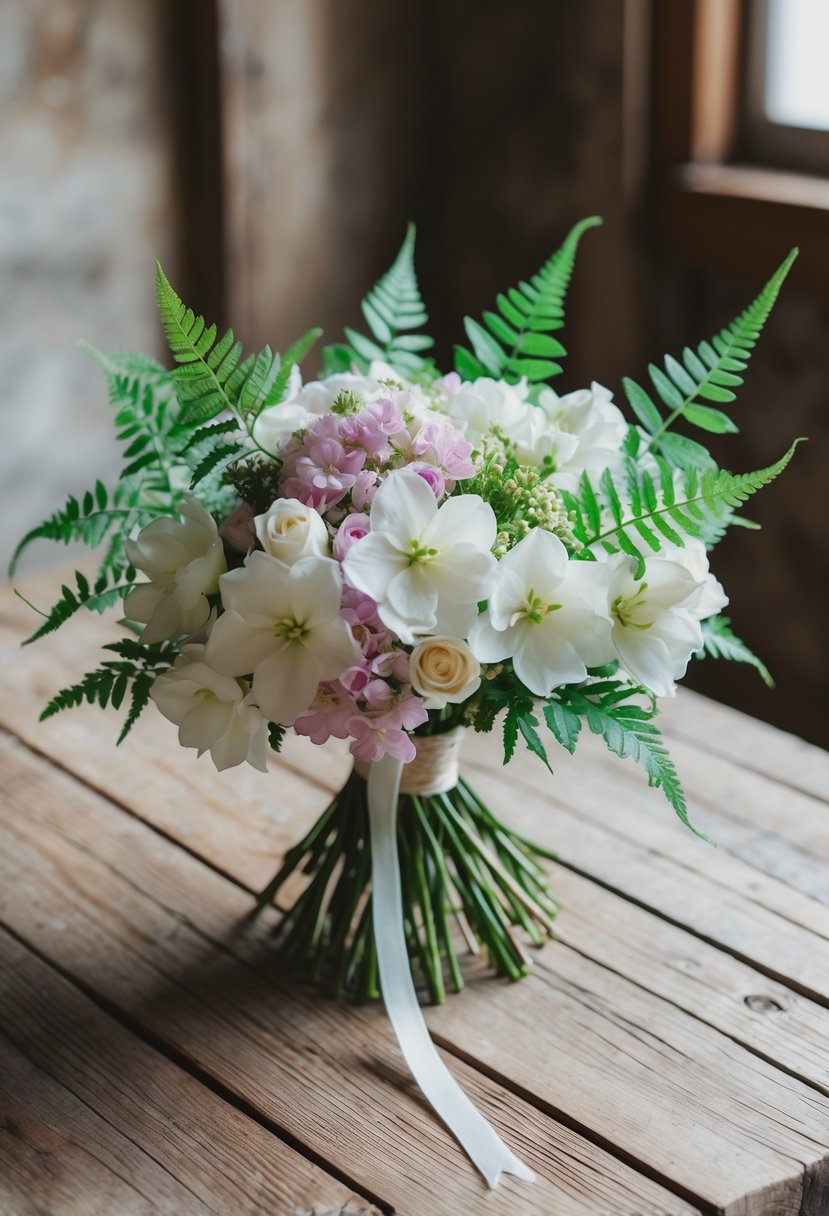 A delicate pastel jasmine bouquet with fern accents rests on a rustic wooden table, bathed in soft natural light