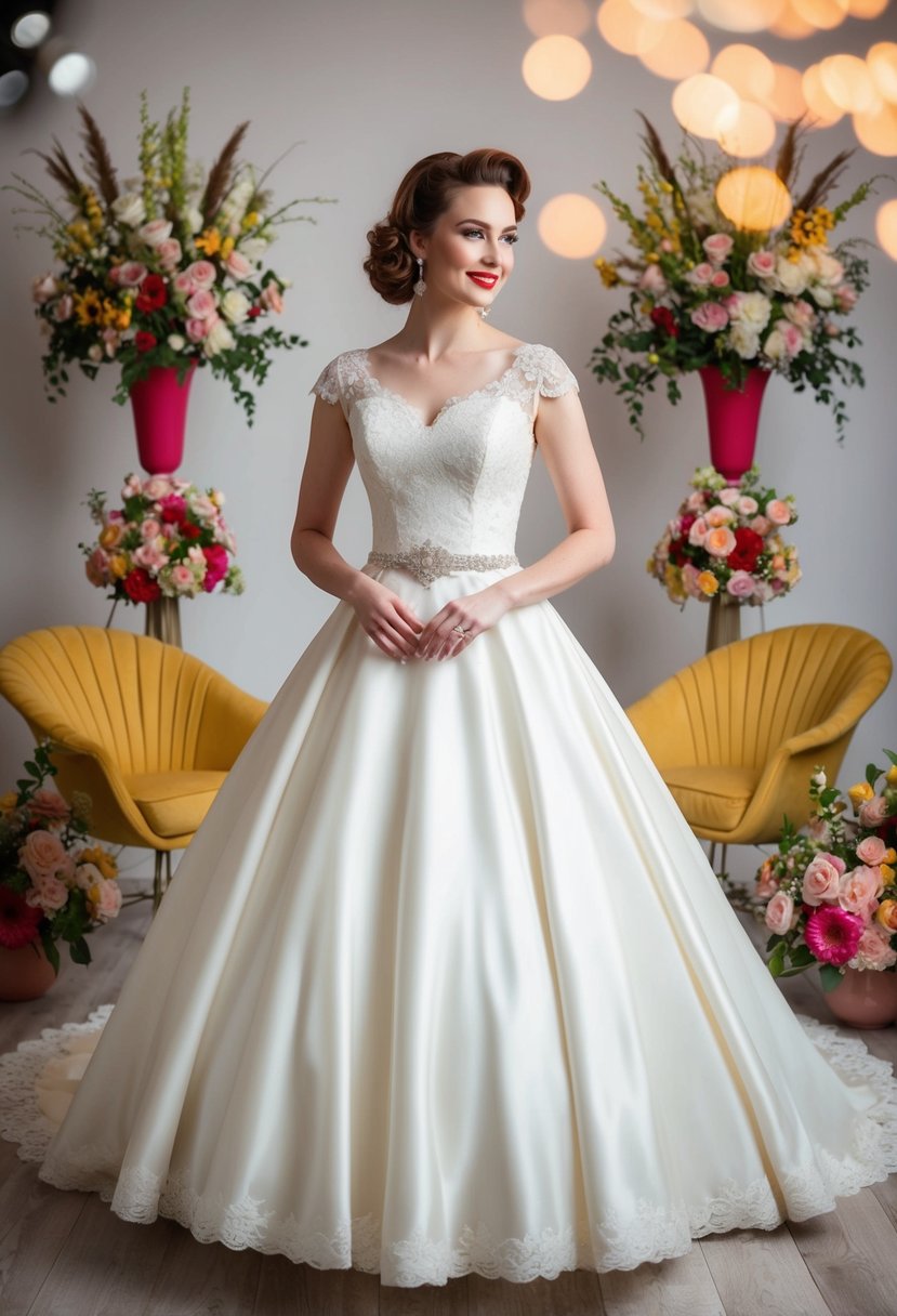 A bride in a 1950s tea length charm 60s vintage wedding dress, surrounded by retro decor and floral arrangements