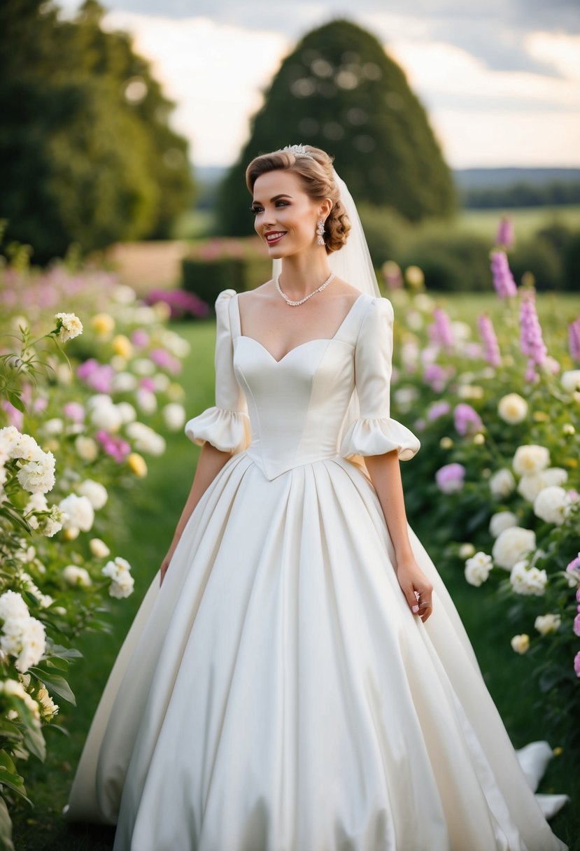 A bride in a 60s vintage wedding dress with Renaissance puff sleeves, surrounded by blooming flowers and a charming countryside backdrop