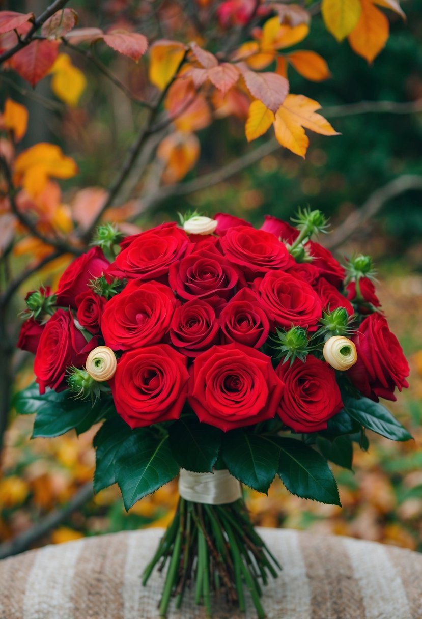 A vibrant bouquet of red roses and ranunculus, set against a backdrop of autumn leaves and branches