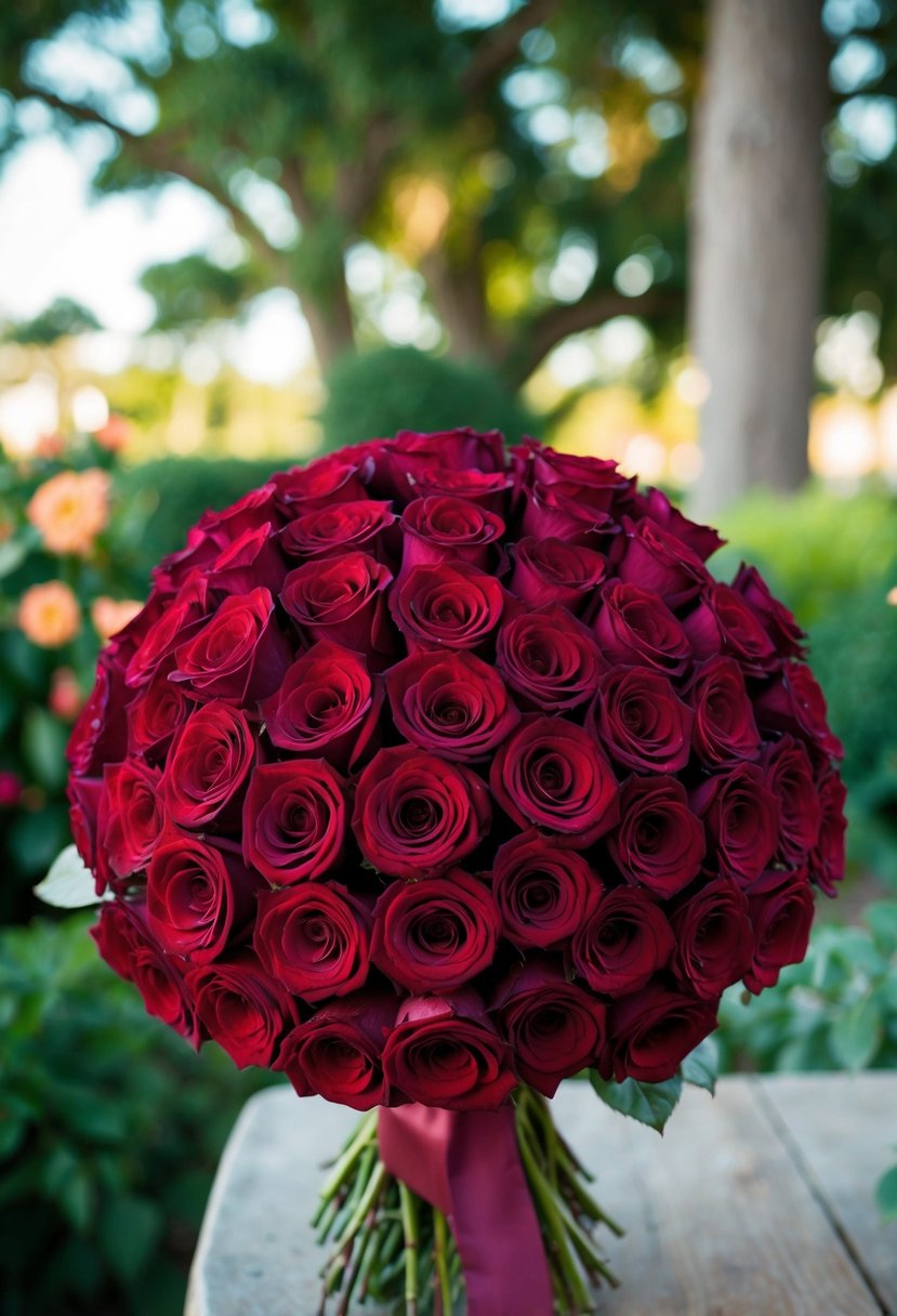 A lush bouquet of deep red roses, their jewel tones shimmering in the sunlight, arranged in a stunning wedding bouquet