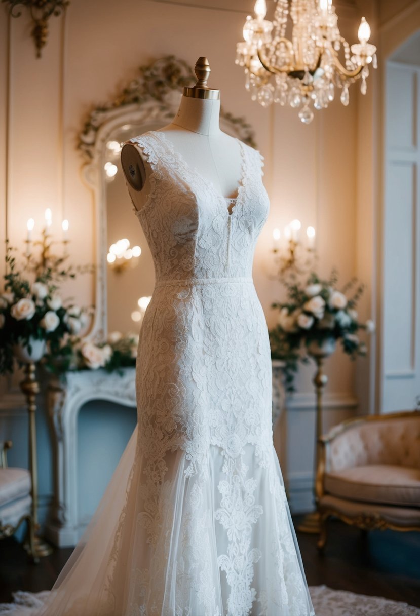 A lace wedding dress displayed on a mannequin in a vintage-inspired setting with ornate decor and soft lighting