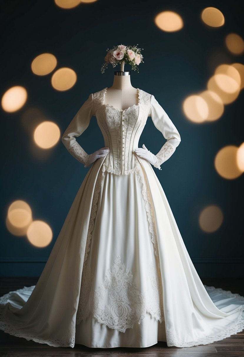 A Victorian corseted 60s wedding dress, with lace and floral detailing, and a full skirt with a train