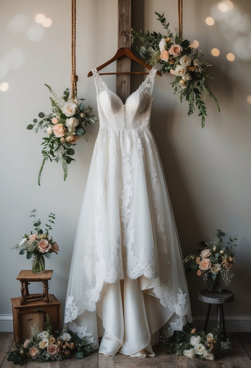 A flowing, lace-trimmed wedding dress hangs on a rustic wooden hanger, surrounded by vintage accessories and floral accents