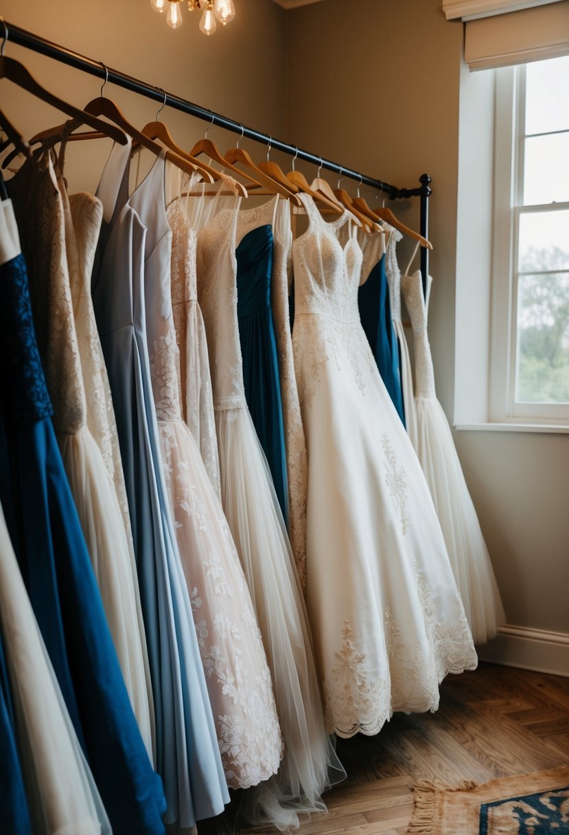 A rack of upcycled heirloom gowns from the 60s, showcasing vintage wedding dress ideas