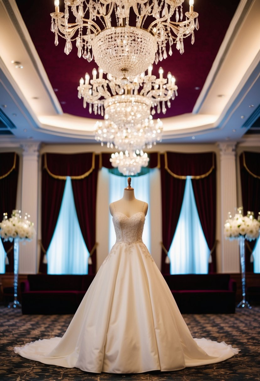 A grand ballroom adorned with crystal chandeliers, velvet drapes, and a vintage wedding dress on a mannequin