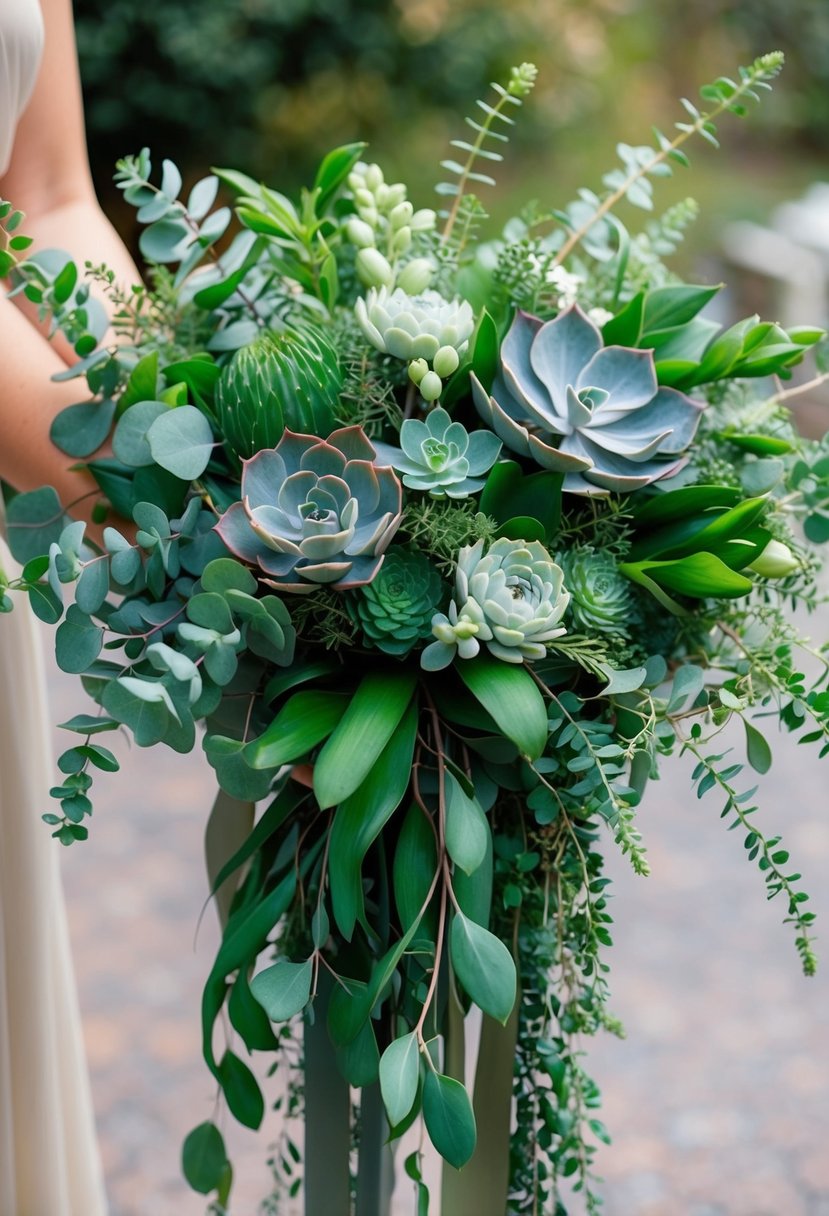 A lush emerald green wedding bouquet with eucalyptus, succulents, and cascading greenery