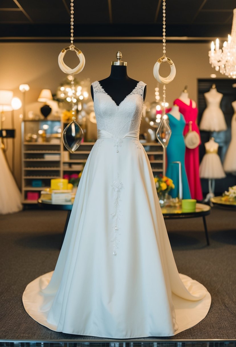 A vintage wedding dress displayed with retro chic accessories, evoking 60s style