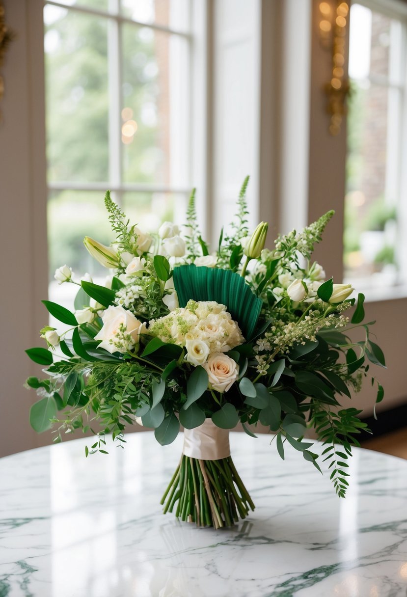 An emerald green and ivory wedding bouquet sits on a marble table, adorned with lush greenery and delicate ivory flowers, creating an elegant and timeless display