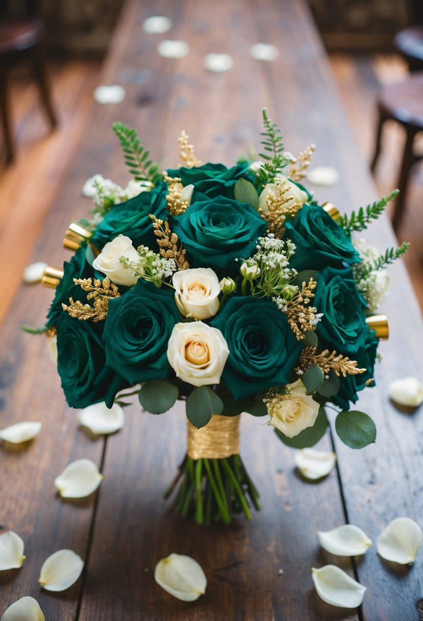 An emerald green wedding bouquet with gold accents sits on a rustic wooden table, surrounded by scattered rose petals