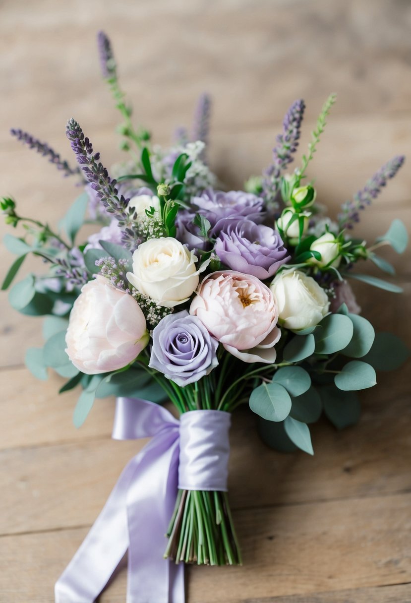 A delicate lavender wedding bouquet with roses, peonies, and greenery, tied with a satin ribbon