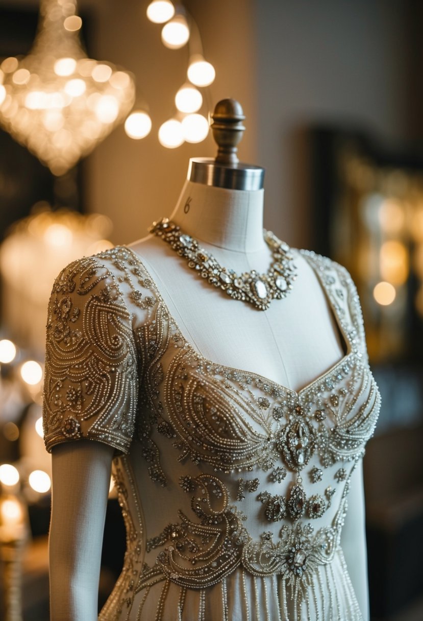 An antique beaded 60s vintage wedding dress with intricate embellishments displayed on a mannequin