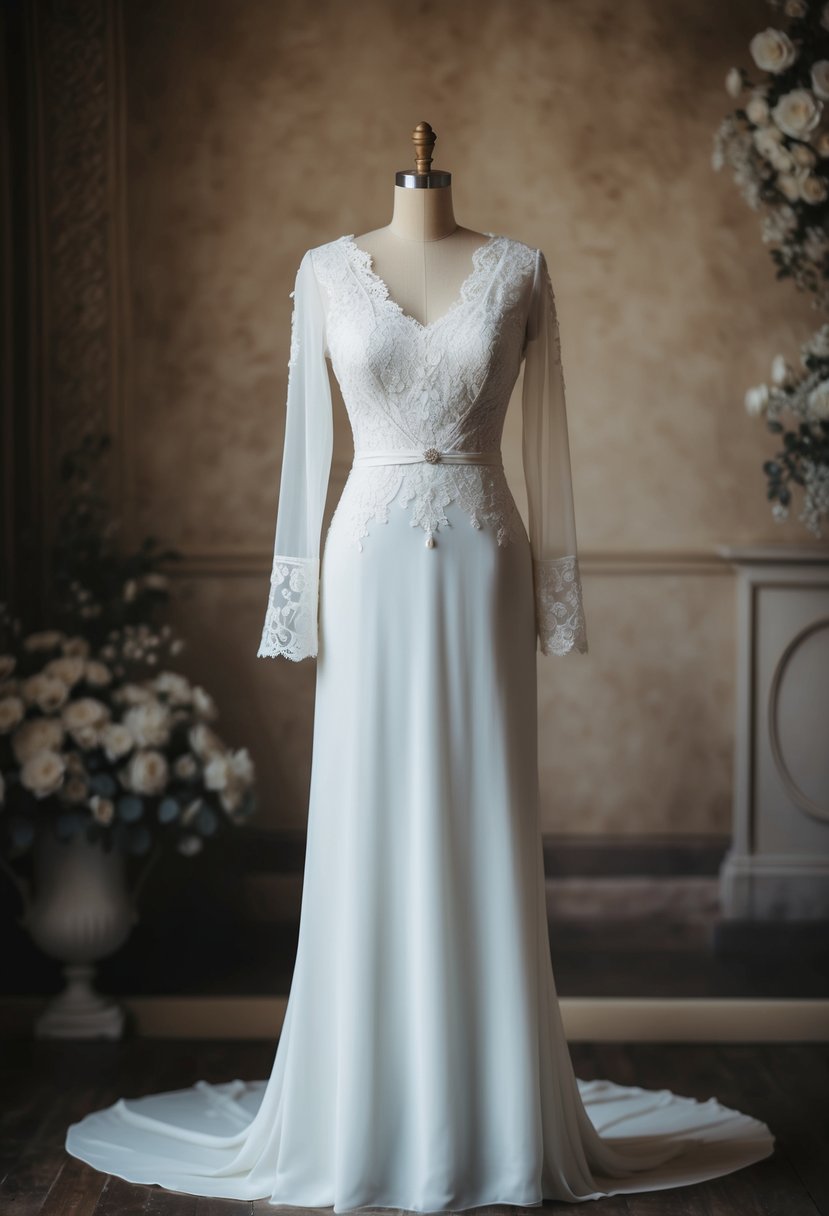 An elegant Edwardian-inspired wedding dress with long sleeves, delicate lace details, and a flowing silhouette, set against a vintage backdrop