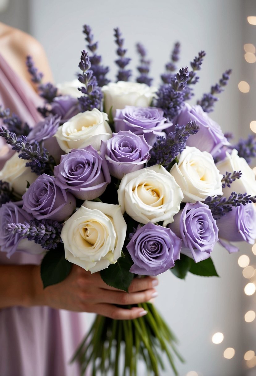 A bouquet of lavender and white roses arranged in a delicate and elegant manner