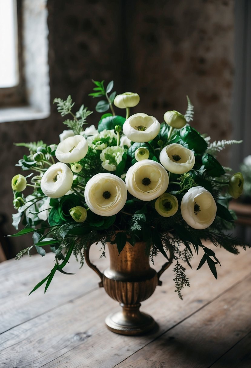 A lush bouquet of emerald green and cream ranunculus, accented with delicate foliage, sits in a vintage vase on a rustic wooden table