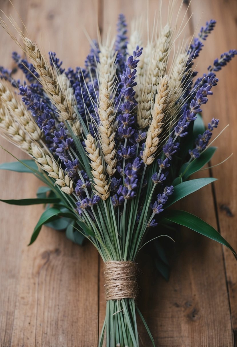 A rustic lavender and wheat bundle arranged in a simple, elegant wedding bouquet