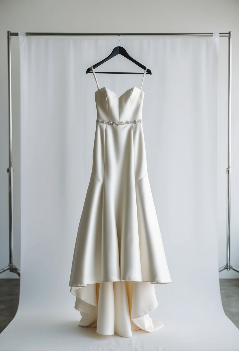 A simple, retro wedding gown hangs on a sleek, modern hanger against a clean, white backdrop