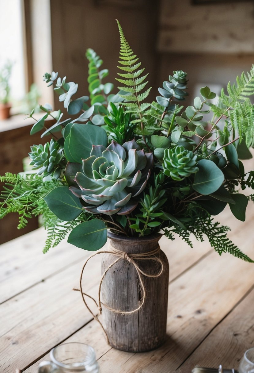 A rustic emerald green bouquet of eucalyptus, succulents, and ferns, tied with twine, sits in a weathered wooden vase on a farmhouse table