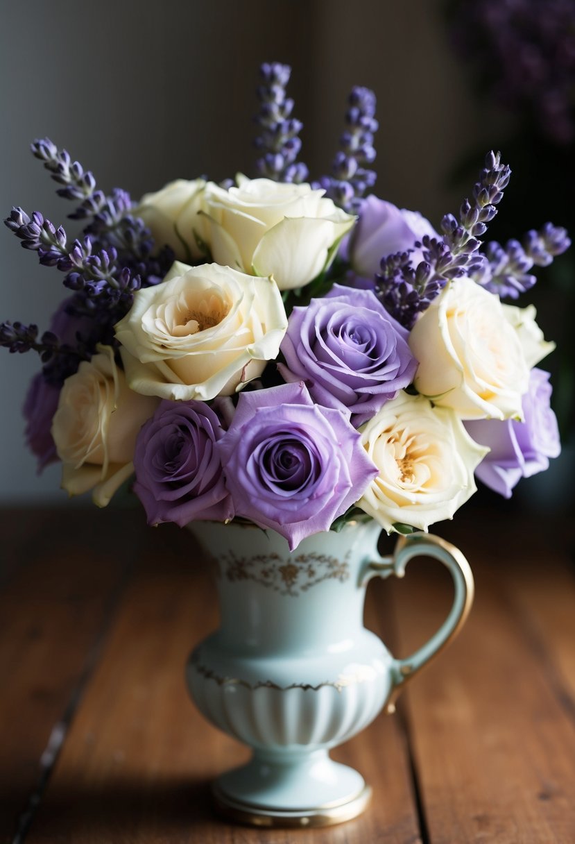 A delicate arrangement of lavender and cream roses in a vintage-inspired vase