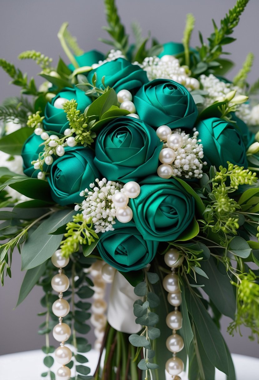 Emerald and pearl satin flowers arranged in a cascading wedding bouquet, with lush greenery and delicate white pearls intertwined