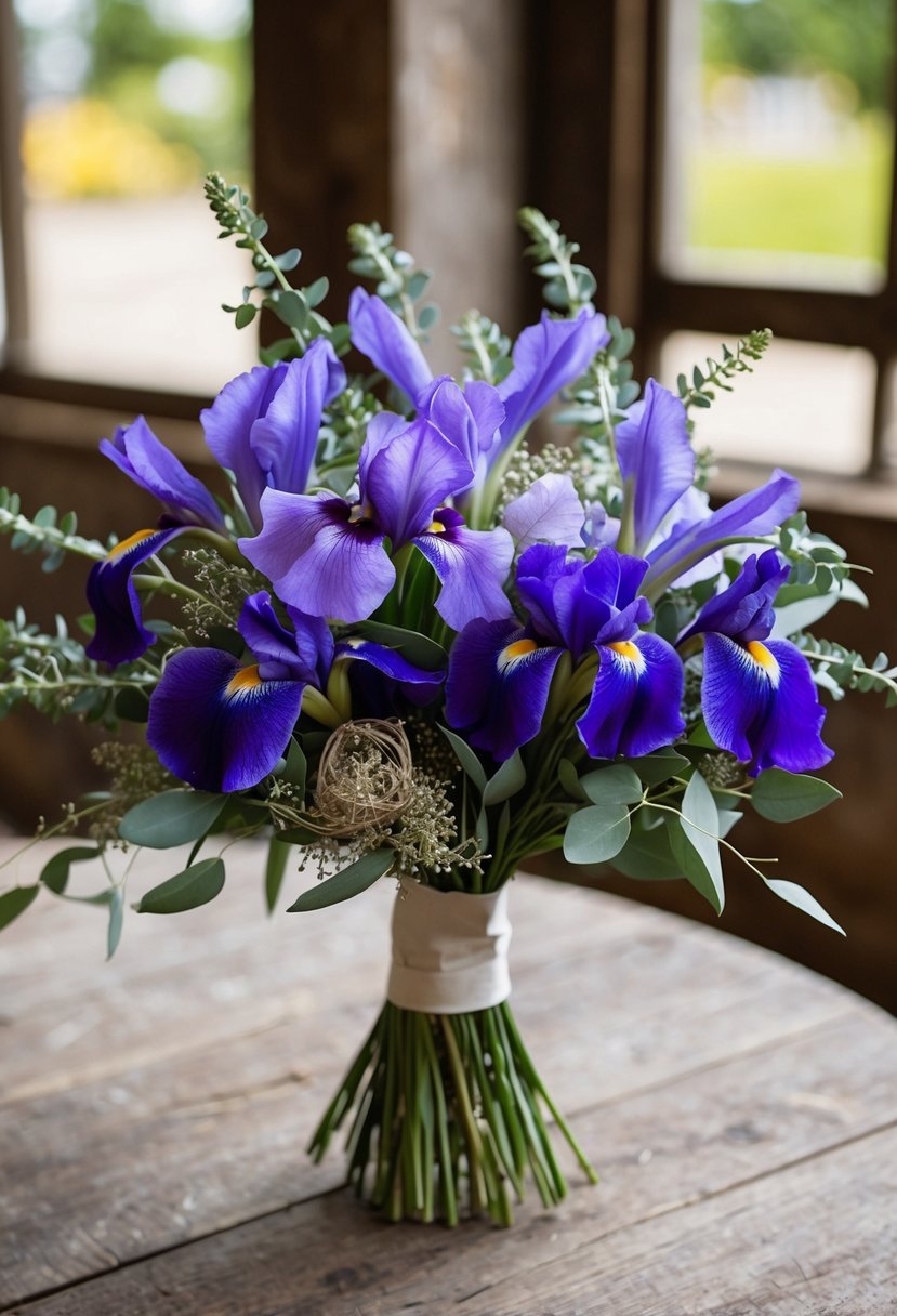 A lavender and purple iris wedding bouquet, with delicate greenery, sits on a rustic wooden table