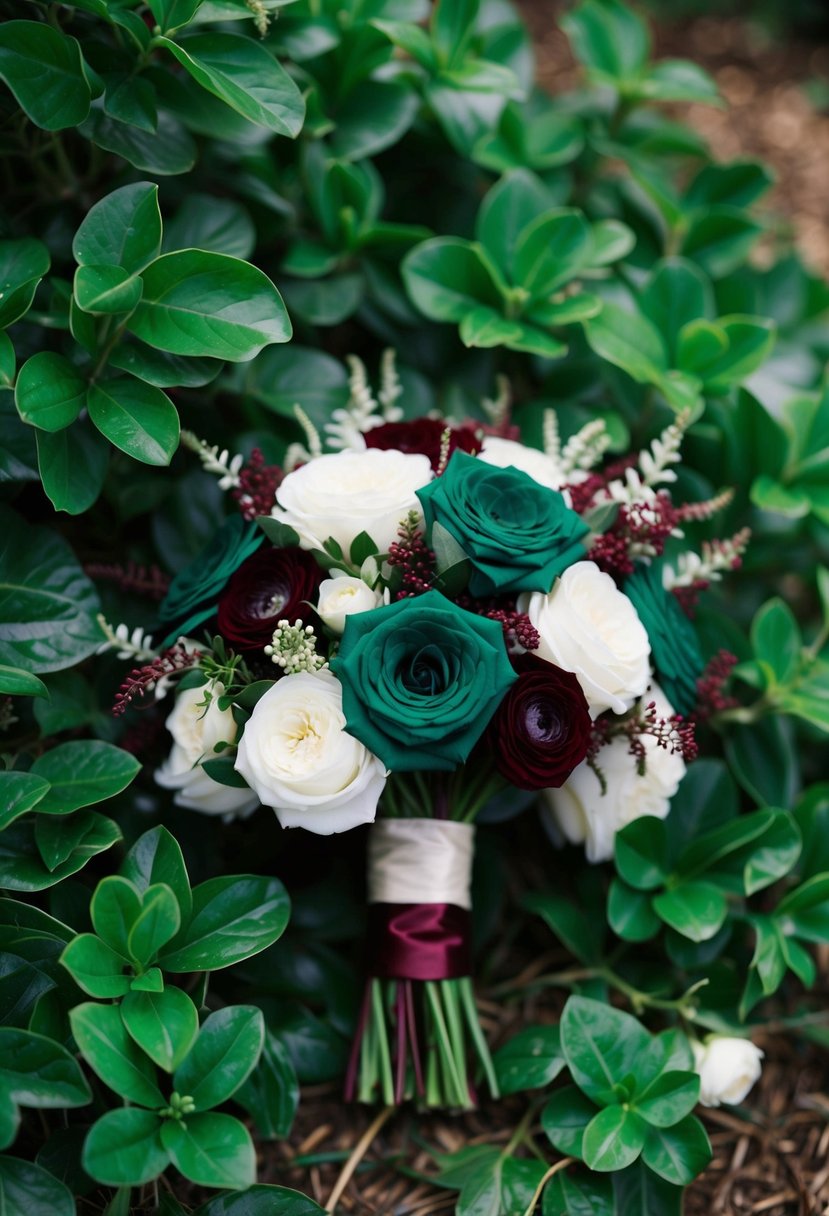 An emerald green wedding bouquet with burgundy touches, nestled among lush green foliage and delicate white flowers