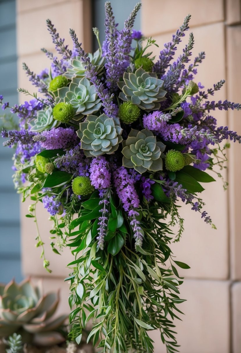 A cascading bouquet of lavender and succulents, with delicate purple blooms and lush greenery, arranged in a flowing, elegant design