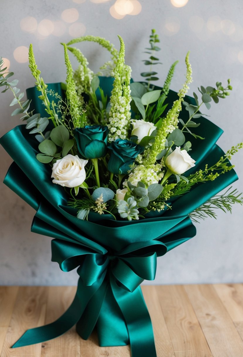 A lush bouquet of emerald velvet ribbon-wrapped flowers and greenery, tied with a delicate bow