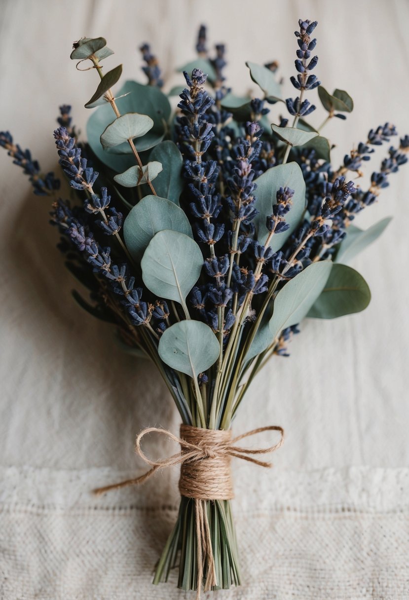 A rustic wedding bouquet featuring dried lavender and eucalyptus, tied with twine