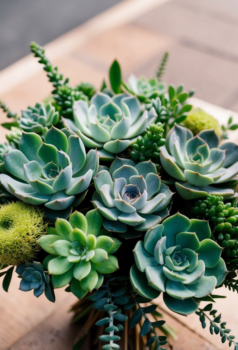 Emerald green succulents arranged in a modern wedding bouquet, with various textures and shapes