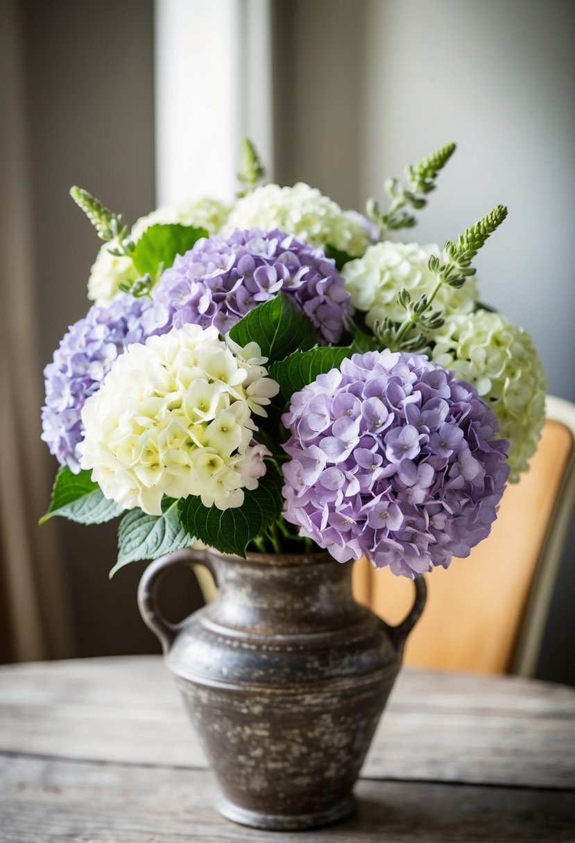 A delicate bouquet of lavender and white hydrangeas arranged in a rustic, vintage-inspired vase