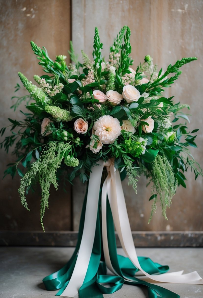 A lush, cascading bouquet of emerald green and blush flowers, tied with flowing ribbons, set against a rustic backdrop