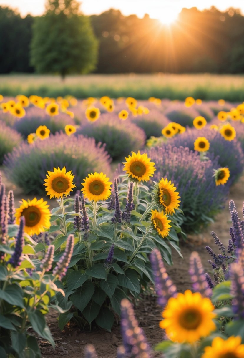 A rustic, sun-drenched field filled with blooming lavender and sunflowers, with a soft, golden glow from the setting sun