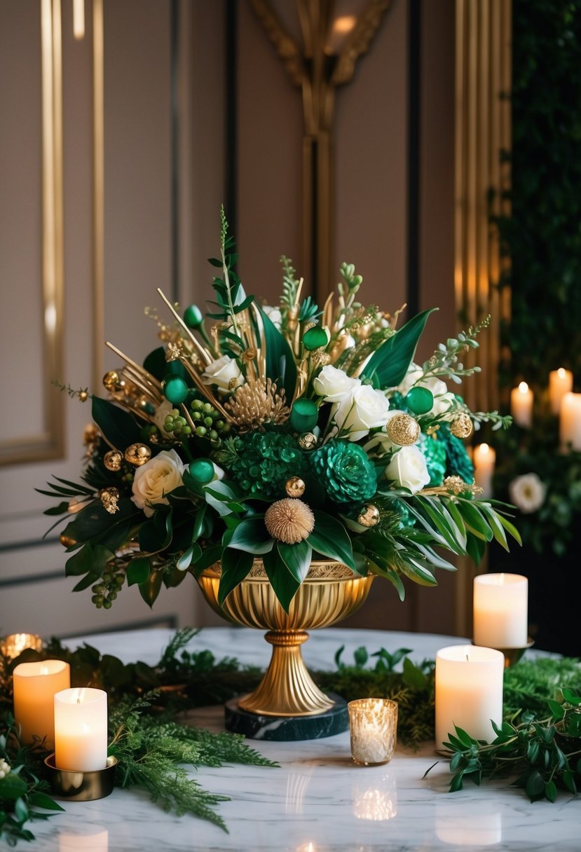 An opulent Art Deco emerald and gold bouquet sits on a marble tabletop, surrounded by soft candlelight and lush greenery