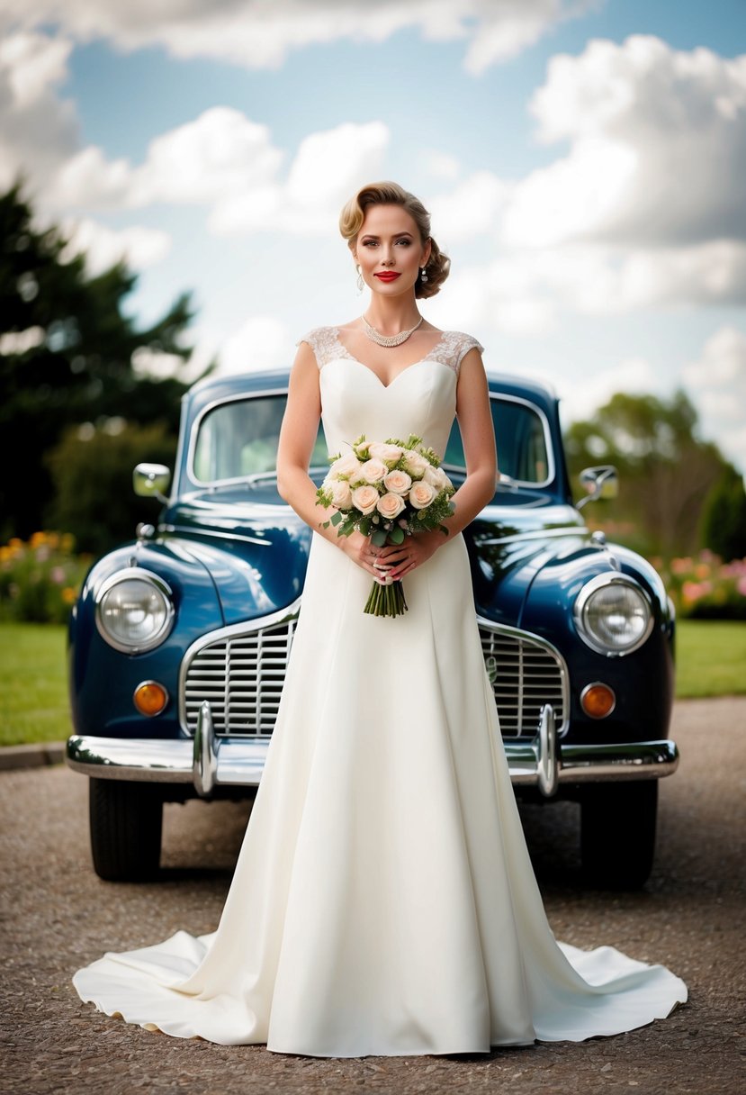 A bride in a 40s-style wedding dress stands in front of a vintage car with a bouquet of roses