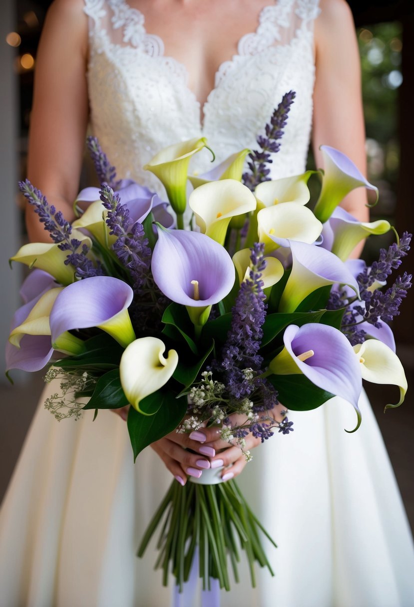 A beautiful lavender and calla lily wedding bouquet arranged in a delicate and elegant manner